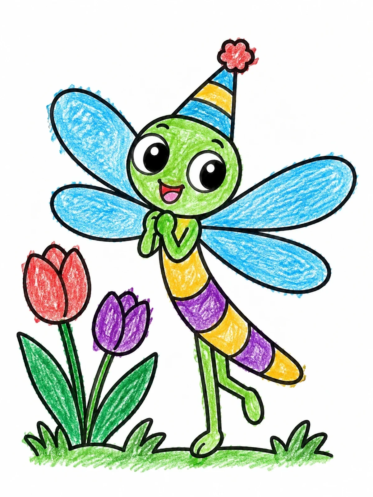 Colored example of the Cheerful Dragonfly With Party Hat coloring page