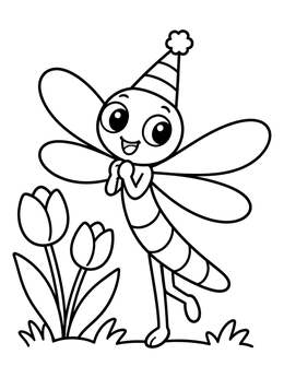 A cute dragonfly coloring page showing the insect in a party hat next to tulips.