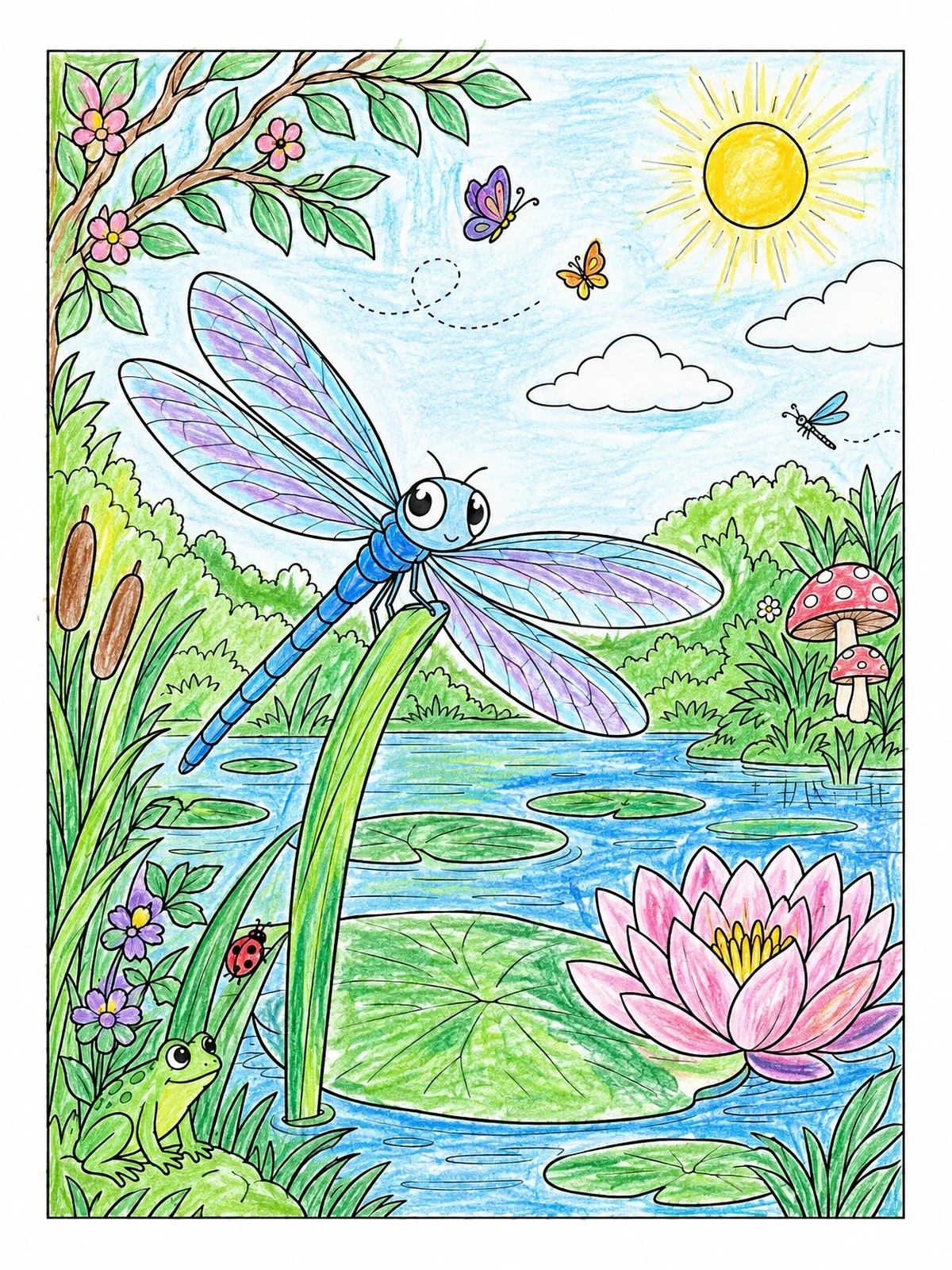 Colored example of the Cheerful Dragonfly By The Pond coloring page