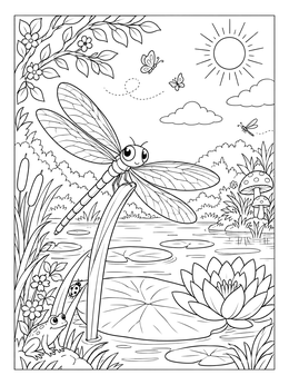 Free printable Cheerful Dragonfly By The Pond coloring page