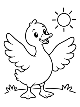 A cheerful duck coloring page showing a duckling spreading its wings under the sun.