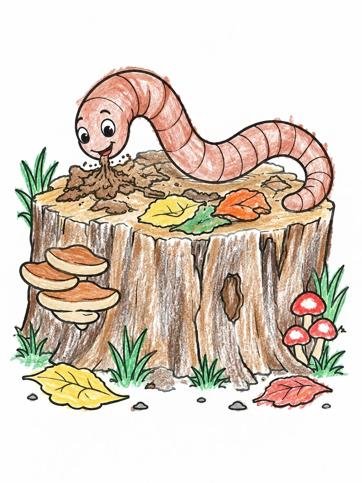 Colored example of the Cheerful Earthworm On Tree Stump coloring page
