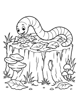 A cheerful worm coloring page showing an earthworm resting on an old forest tree stump.