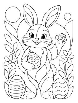 A cheerful easter bunny coloring page featuring a rabbit waving alongside decorated eggs and spring flowers.