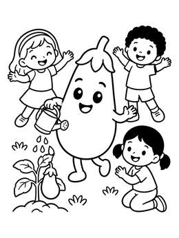 Free printable Cheerful Eggplant Watering The Garden coloring page