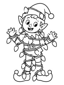 Free printable Cheerful Elf Tangled In Holiday Lights coloring page