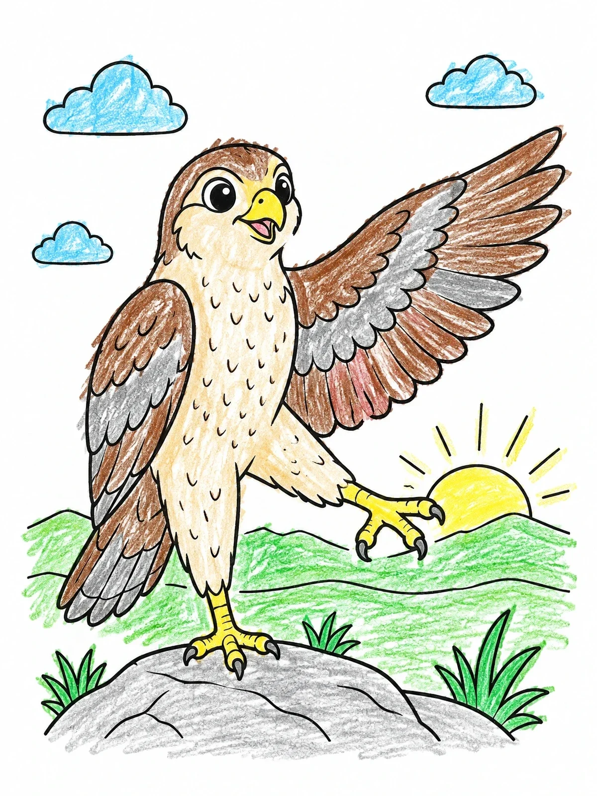 Colored example of the Cheerful Falcon Morning Stretch coloring page