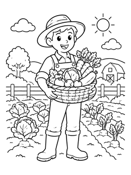 Free printable Cheerful Farmer With Fresh Vegetable Basket coloring page
