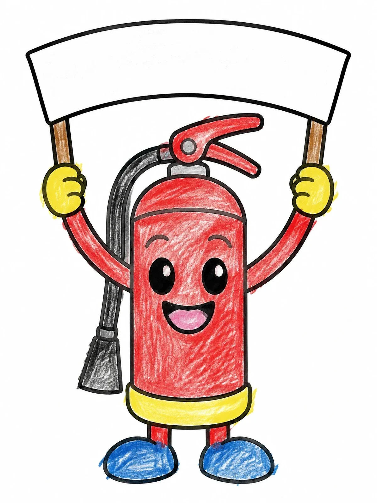 Colored example of the Cheerful Fire Extinguisher Holding Blank Banner coloring page