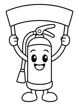 Free printable Cheerful Fire Extinguisher Holding Blank Banner coloring page