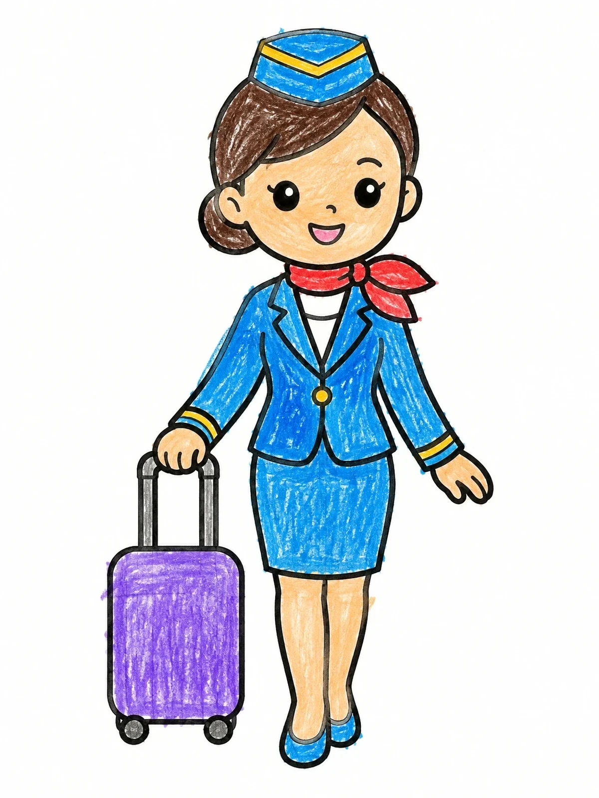 Colored example of the Cheerful Flight Attendant With Suitcase coloring page