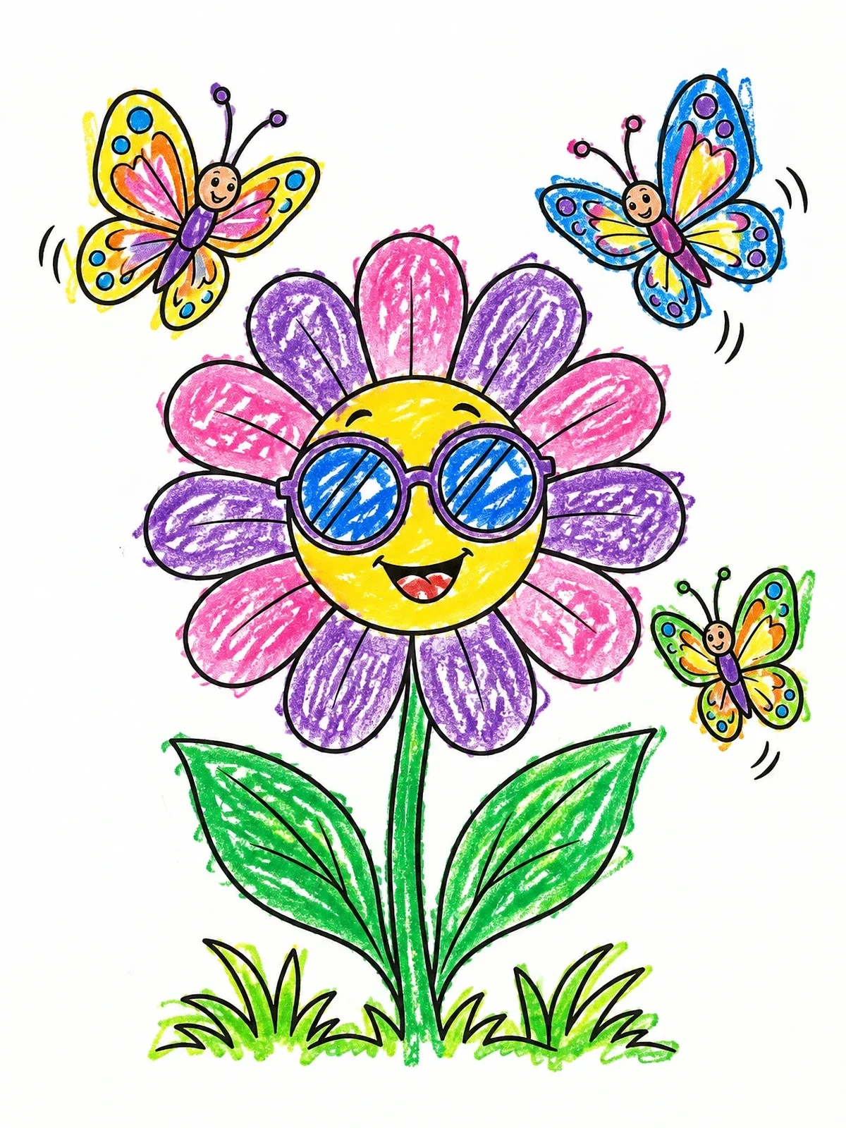 Colored example of the Cheerful Flower With Sunglasses And Butterflies coloring page