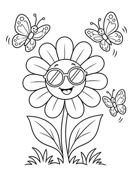A smiling flower wearing sunglasses on this flower power coloring page.