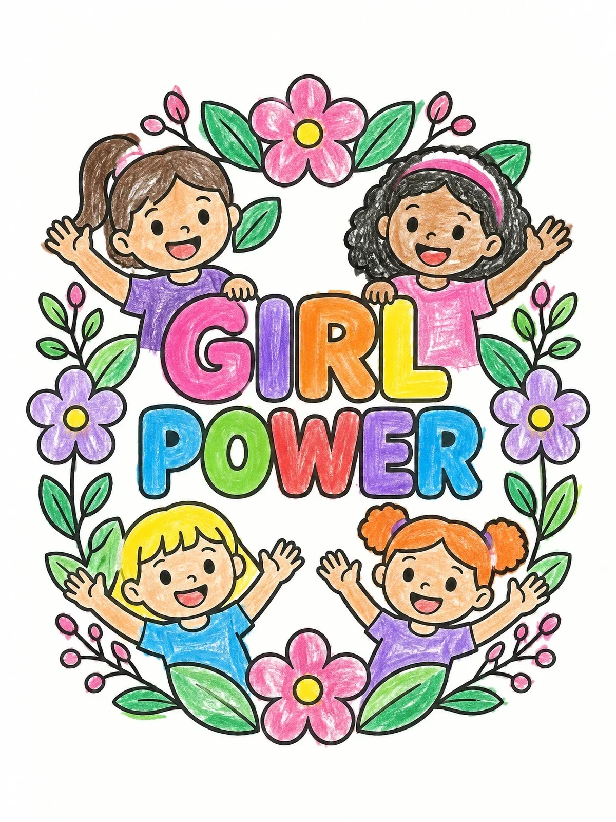Colored example of the Cheerful Friends Celebrating Girl Power coloring page