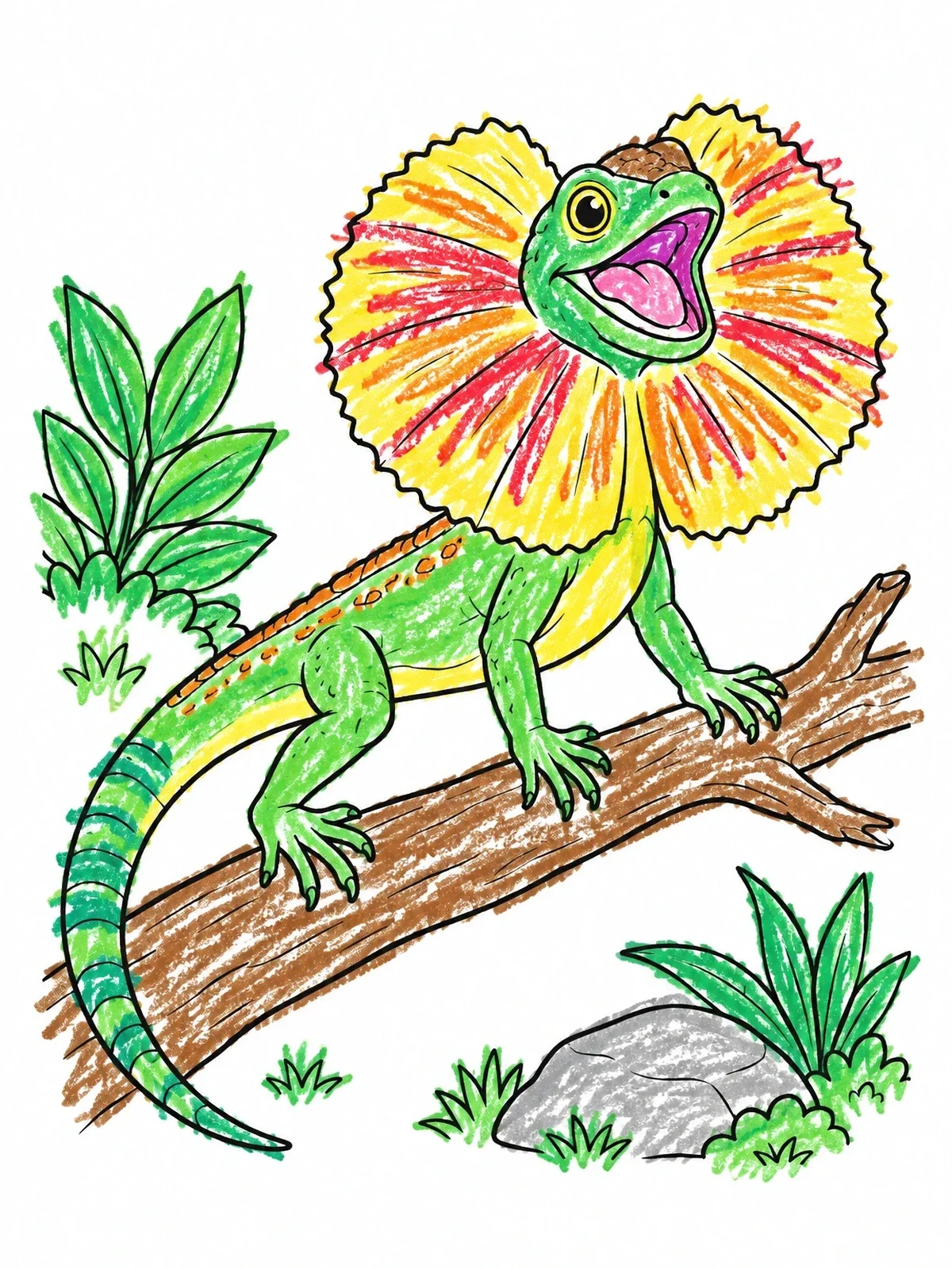Colored example of the Cheerful Frilled Lizard On A Branch coloring page