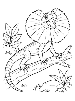 A happy frilled lizard coloring page showing its large open neck frill on a tree branch.