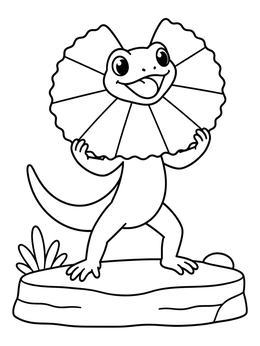 A cheerful lizard coloring page with an expanded neck frill standing on a rock.
