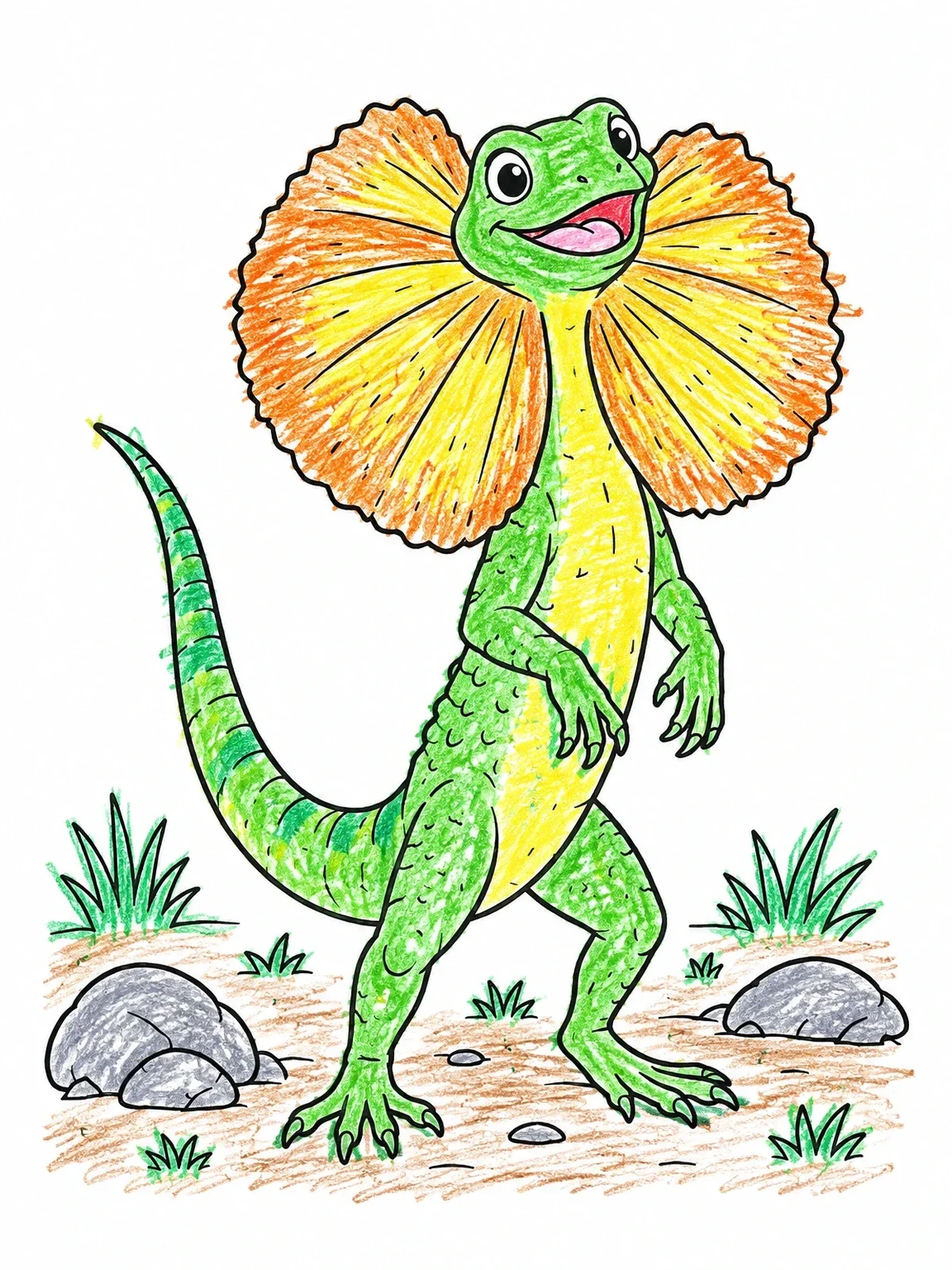 Colored example of the Cheerful Frilled Lizard Standing Tall coloring page