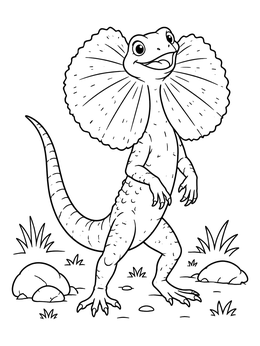 A cheerful frilled lizard coloring page standing upright on two legs with a flared neck frill.