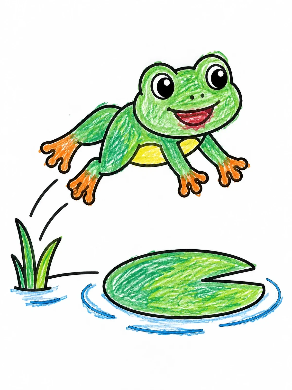Colored example of the Playful Frog Leaping To Lily Pad coloring page
