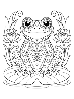 A cheerful patterned frog sits on a lily pad in this polka dots coloring page.