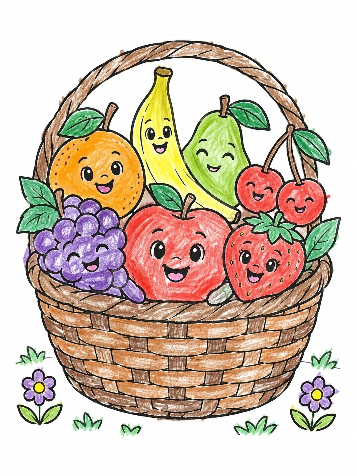 Colored example of the Cheerful Fruit Basket With Cute Faces coloring page