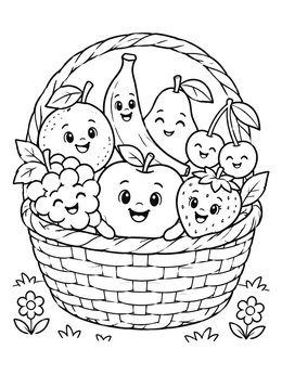 Free printable Cheerful Fruit Basket With Cute Faces coloring page