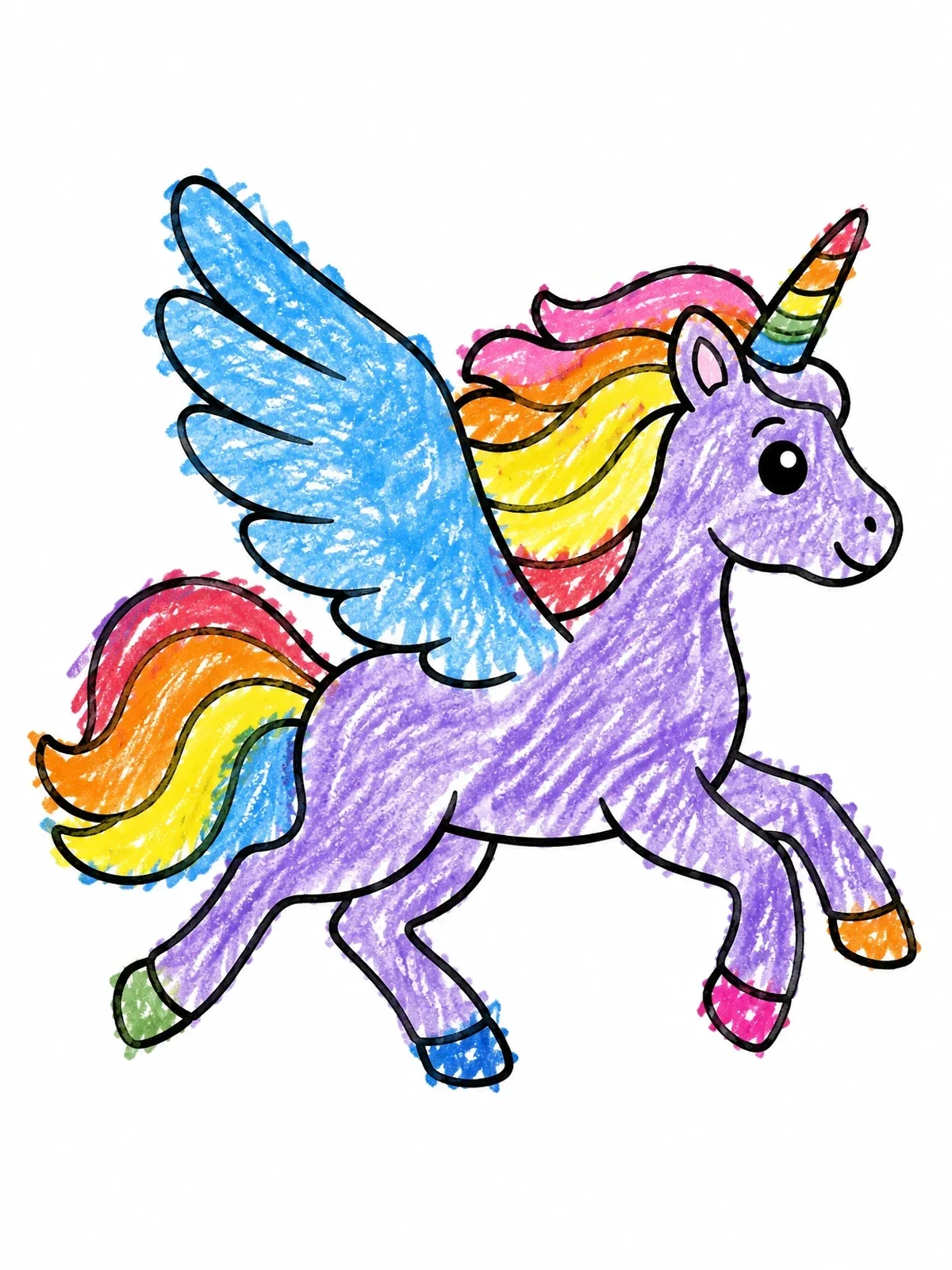 Colored example of the Cheerful Galloping Winged Unicorn coloring page