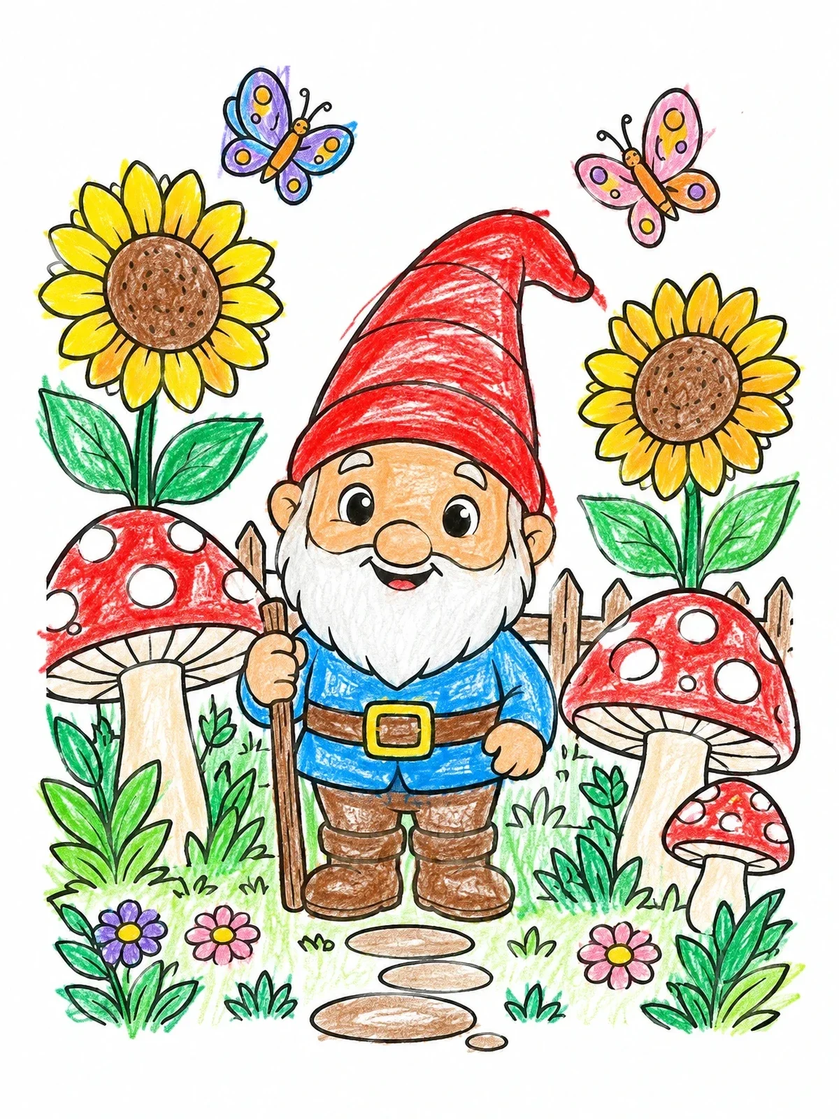 Colored example of the Cheerful Garden Gnome With Sunflowers coloring page