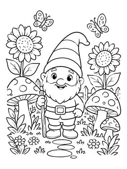 Free printable Cheerful Garden Gnome With Sunflowers coloring page
