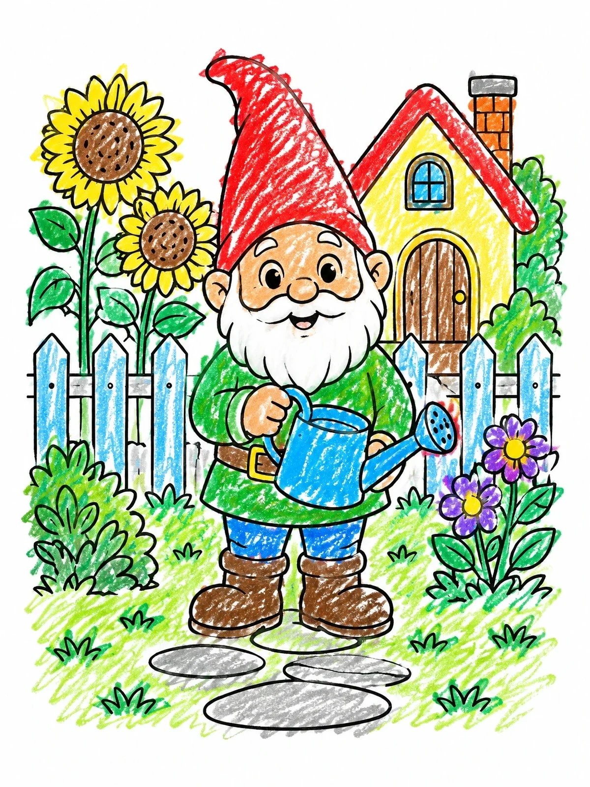 Colored example of the Cheerful Garden Gnome With Watering Can coloring page