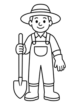 Free printable Cheerful Gardener With Shovel And Hat coloring page