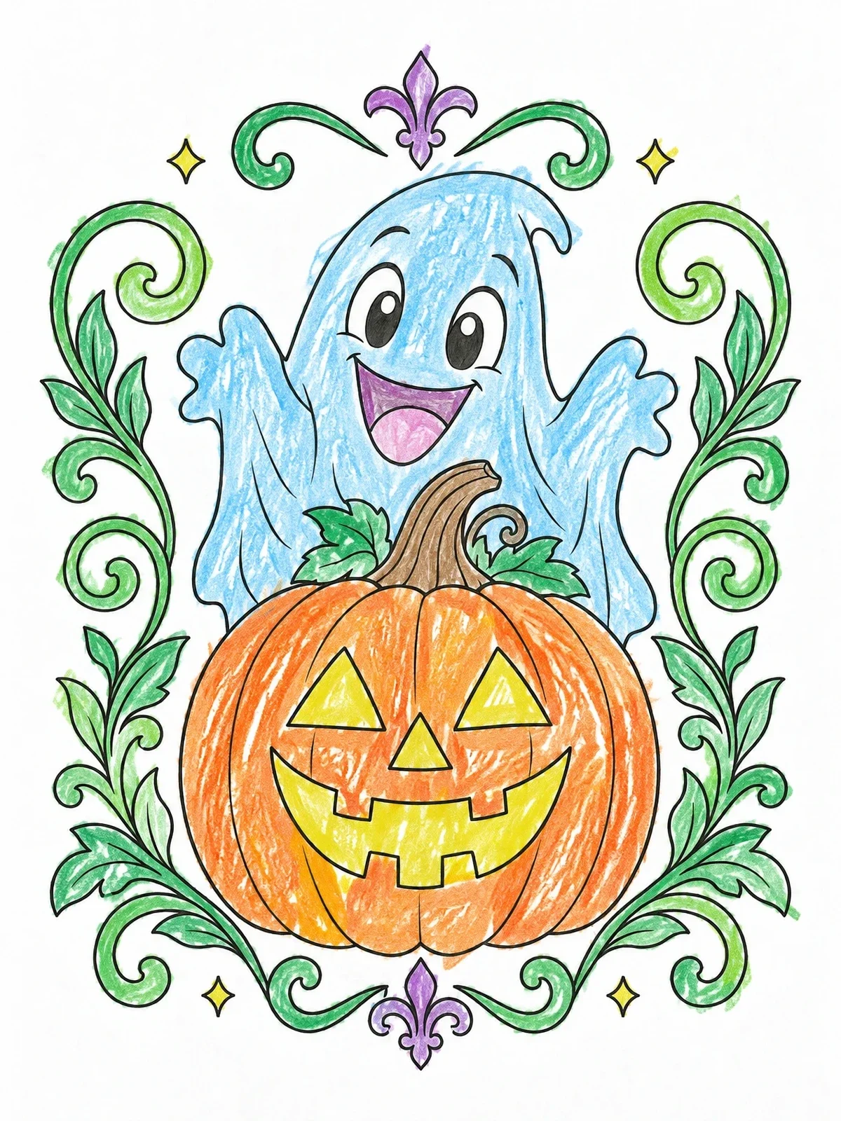Colored example of the Cheerful Ghost With Carved Halloween Pumpkin coloring page