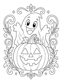 A cheerful ghost popping up behind a carved jack-o-lantern on this ghost coloring page.