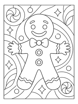 A cheerful gingerbread coloring page showing a smiling cookie man surrounded by peppermint swirls and stars.