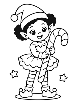 Free printable Cheerful Girl Elf With Giant Candy Cane coloring page