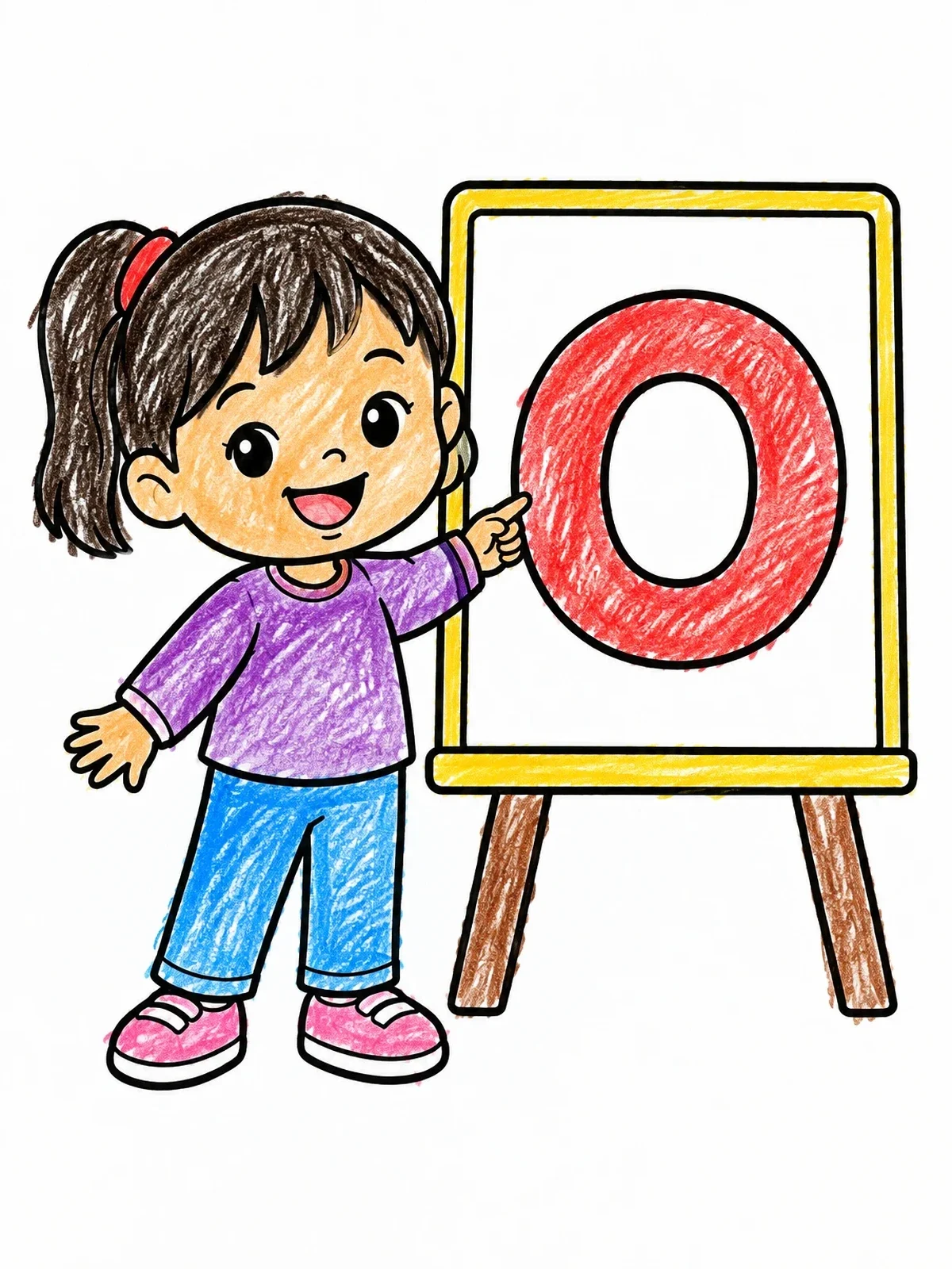Colored example of the Cheerful Girl Pointing To Letter O coloring page