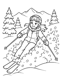 Free printable Cheerful Girl Skiing Downhill coloring page