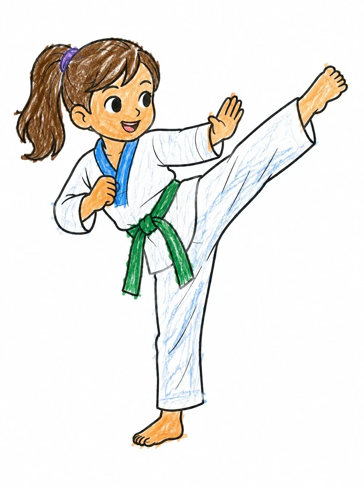 Colored example of the Cheerful Girl Practicing High Kick coloring page
