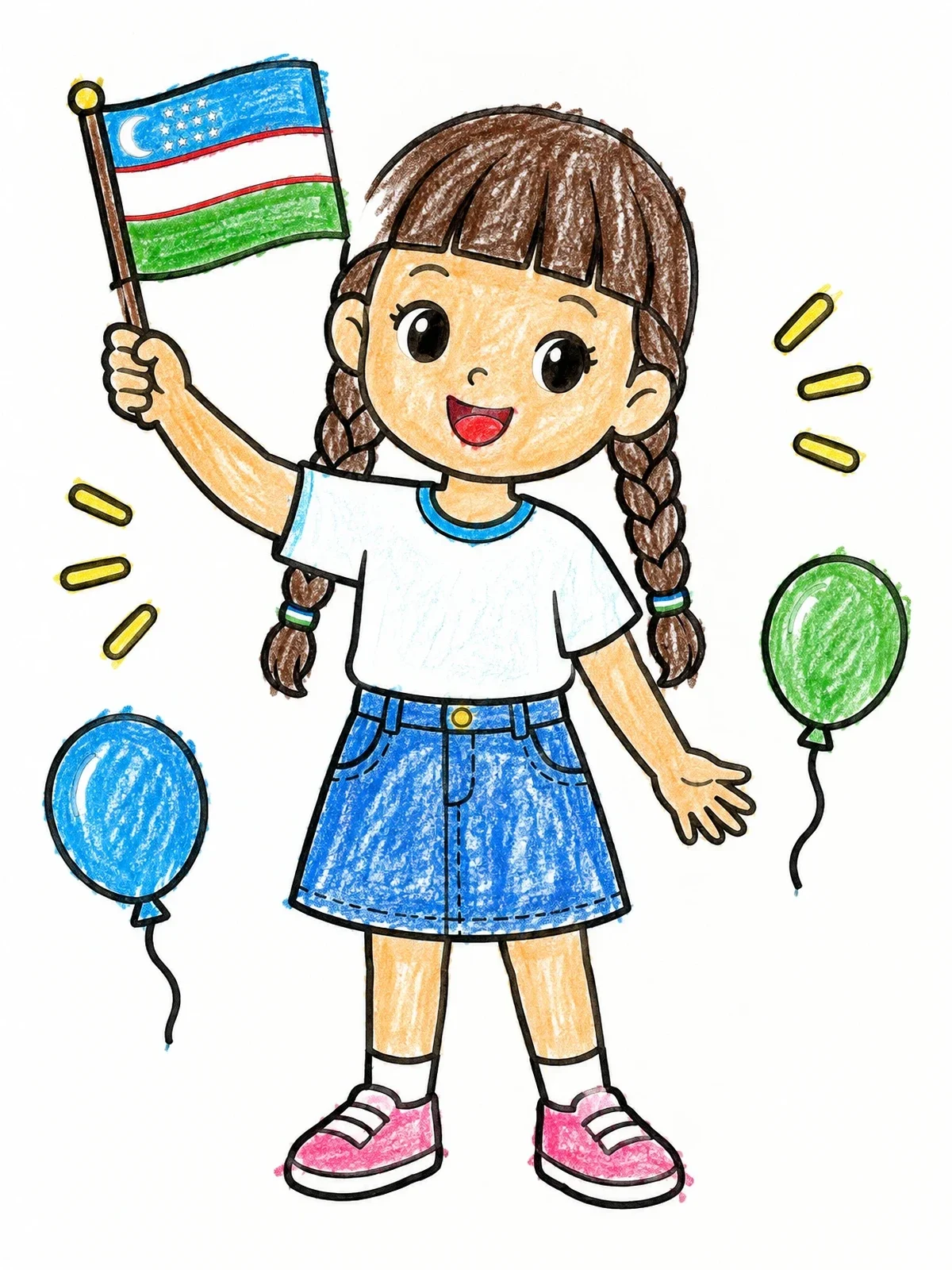 Colored example of the Cheerful Girl With Uzbekistan Flag coloring page
