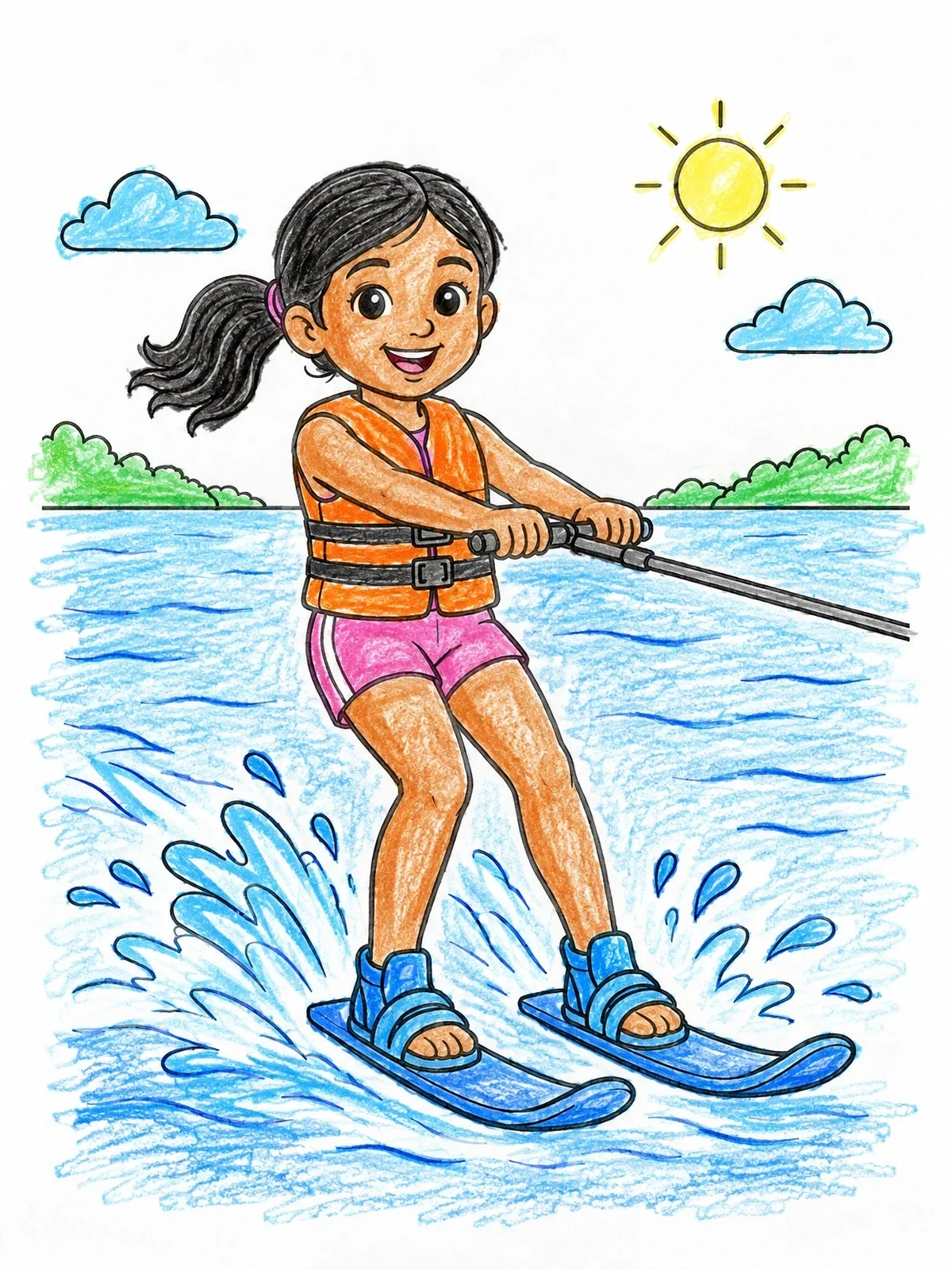 Colored example of the Cheerful Girl Water Skiing coloring page