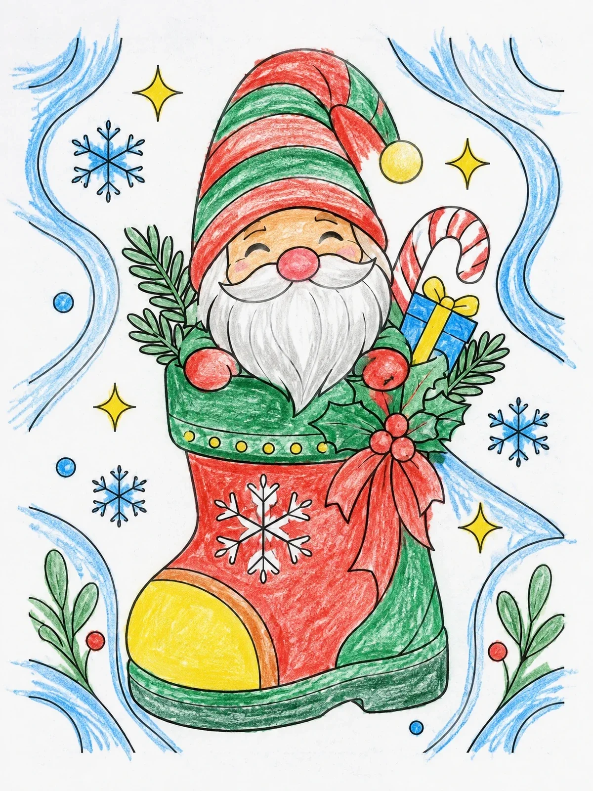 Colored example of the Cheerful Gnome In A Festive Boot coloring page