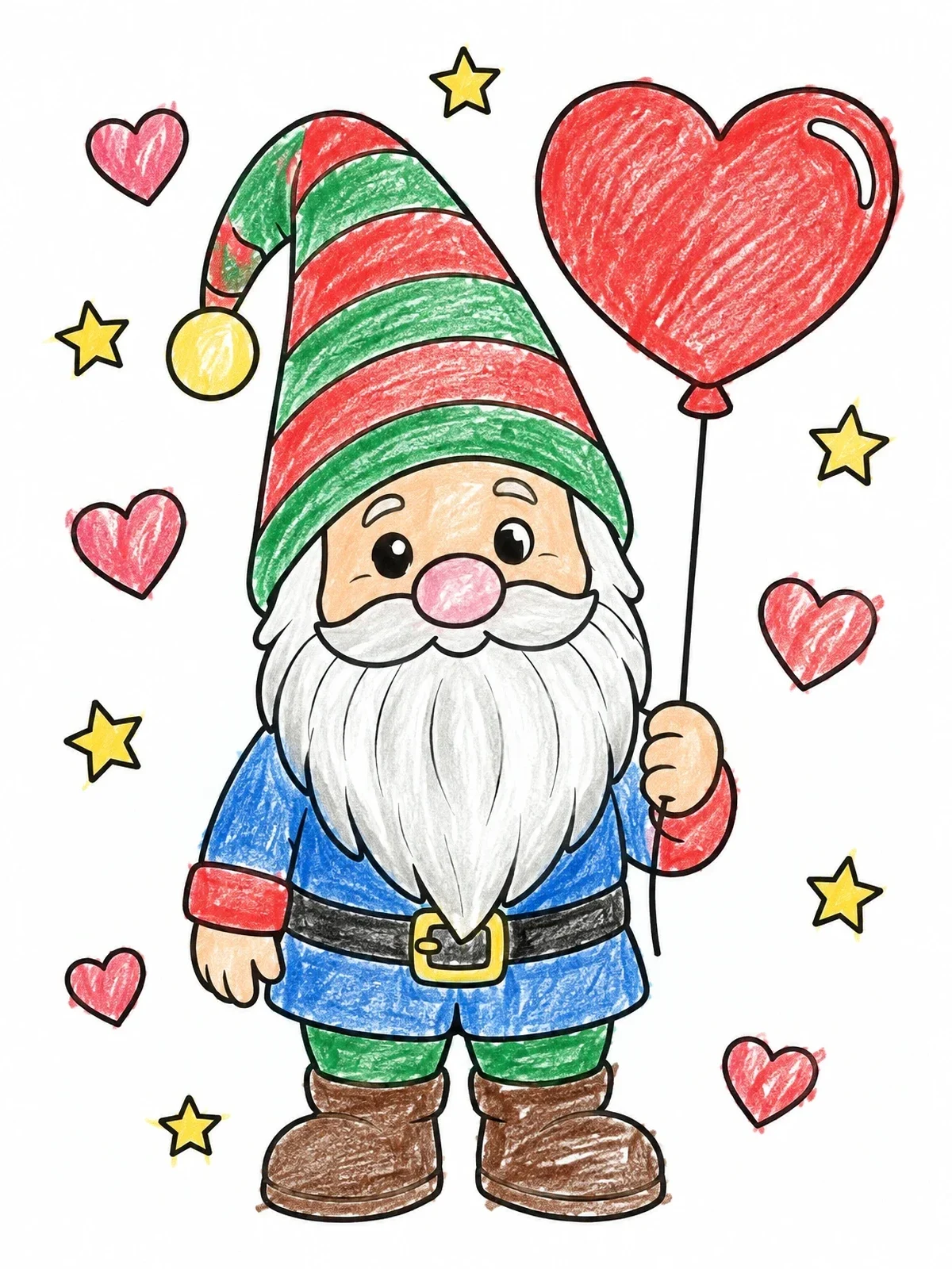 Colored example of the Cheerful Gnome With Heart Balloon coloring page