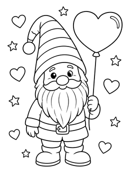 A cheerful garden gnome coloring page holding a big heart-shaped balloon surrounded by stars and hearts.