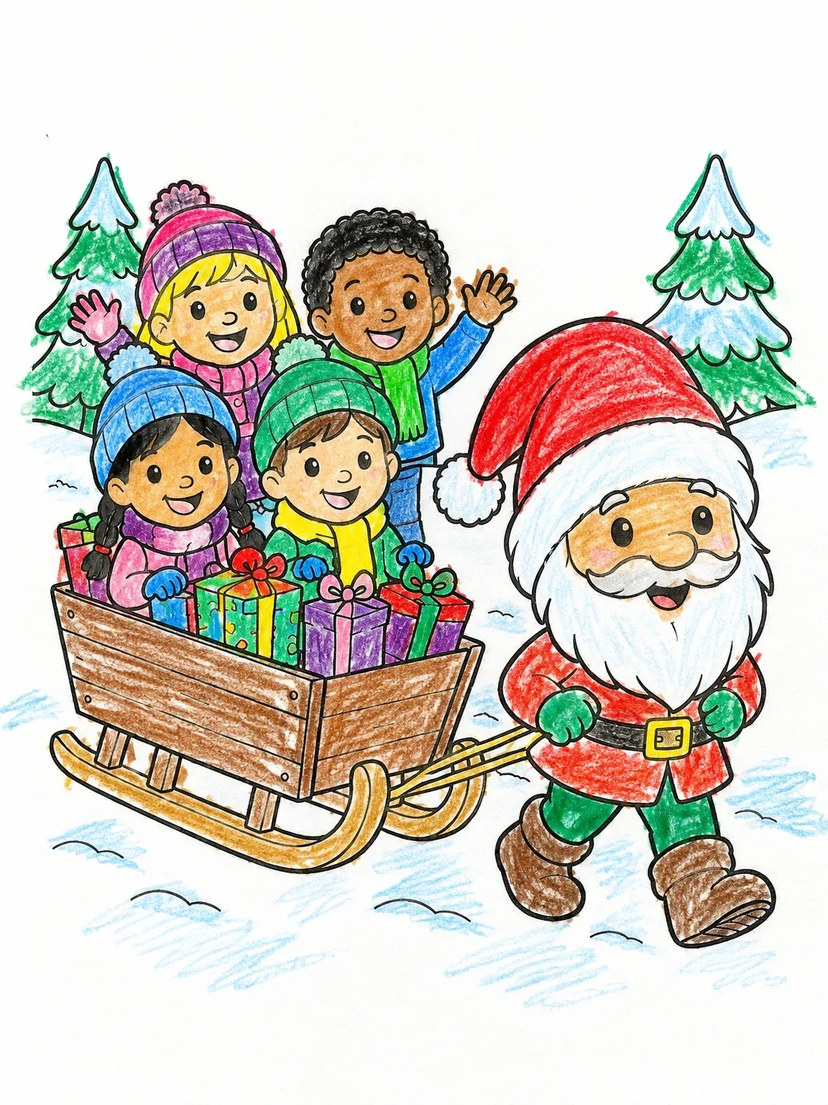 Colored example of the Cheerful Gnome Pulling A Winter Sled coloring page