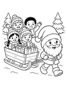 Free printable Cheerful Gnome Pulling A Winter Sled coloring page