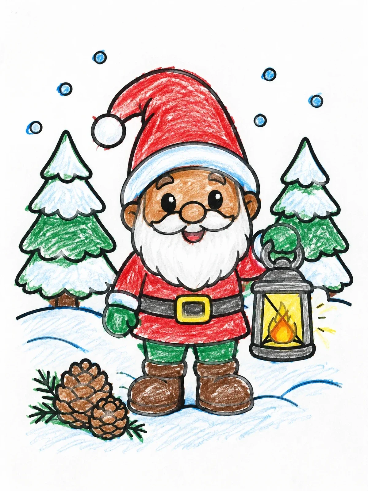 Colored example of the Cheerful Gnome With Winter Lantern coloring page