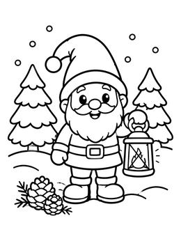 A cheerful gnome holding a lantern in the snow on this gnome coloring page.