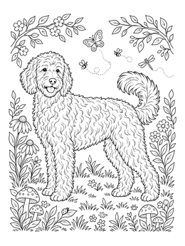 Free printable Cheerful Goldendoodle In A Blooming Garden coloring page