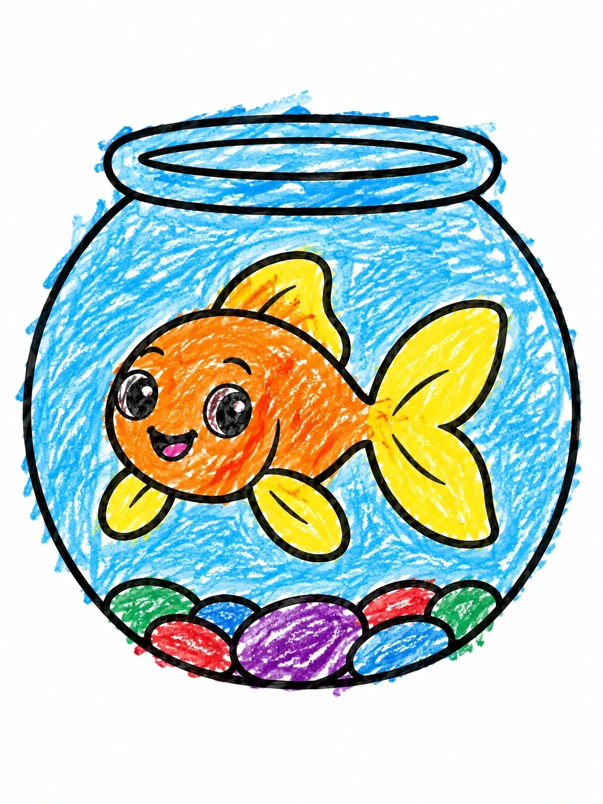 Colored example of the Cheerful Goldfish In A Round Bowl coloring page